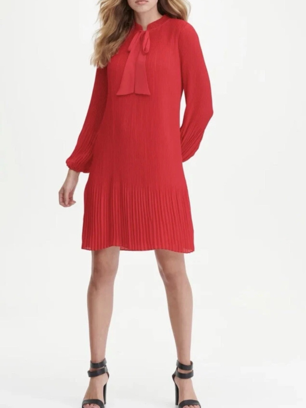 DKNYC Red Pleated Tie-Neck Mini Dress